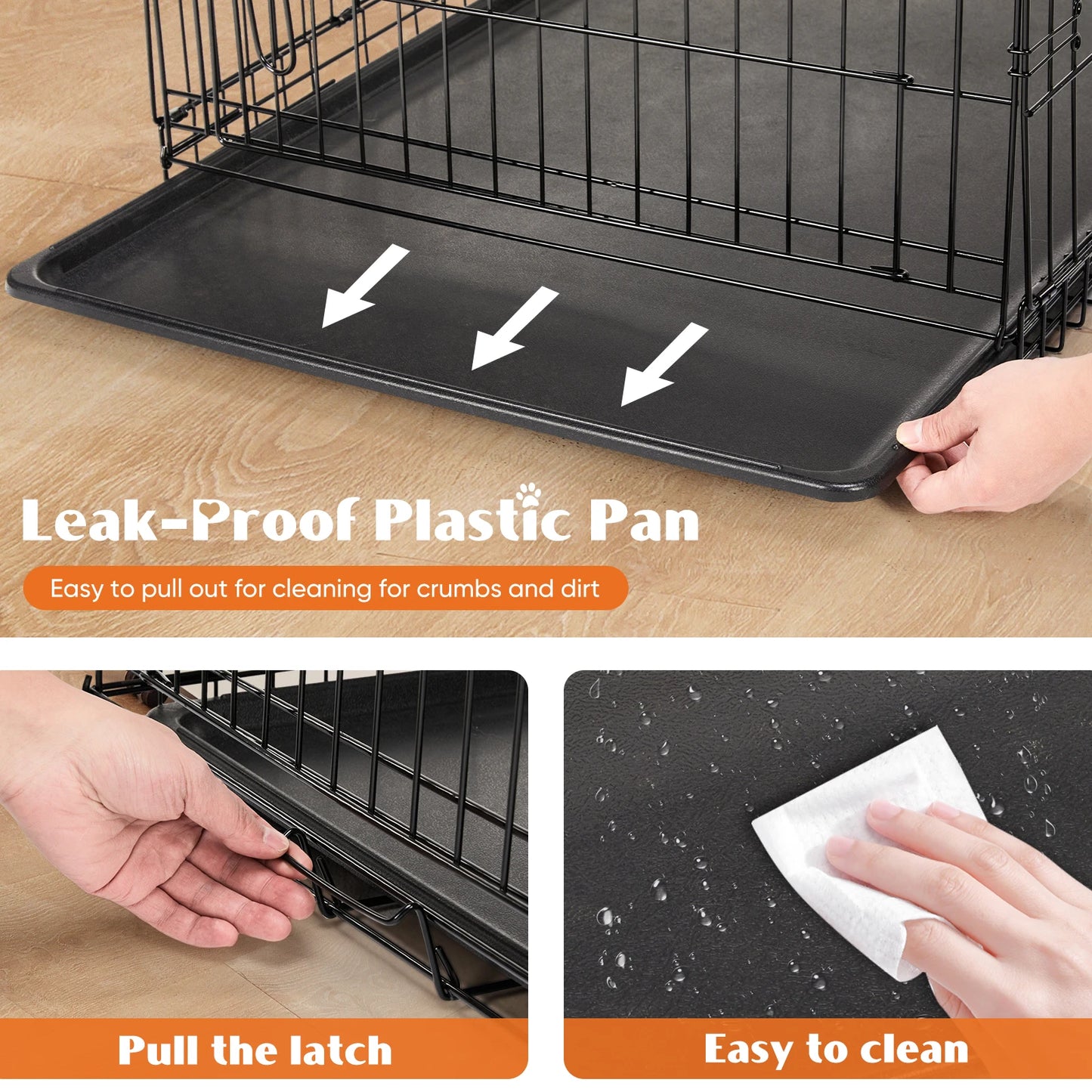 Double Door Folding Metal Dog Cage with Plastic Leak-Proof Pan