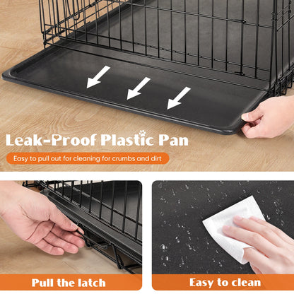 Double Door Folding Metal Dog Cage with Plastic Leak-Proof Pan