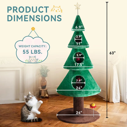 63 Inches Cat Christmas Tree/Cat Tower/ with Plush Ball/Cat Toys/Cozy Cat Condo for Indoor Cats/Wide Base/Green