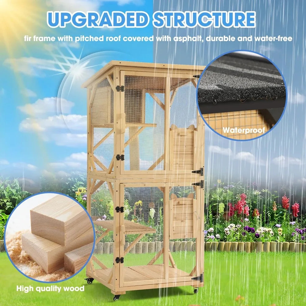 4-Tier Large Wooden Window Outdoor Cat Enclosure with Scratcher With Asphalt Waterproof Roof, Wheels