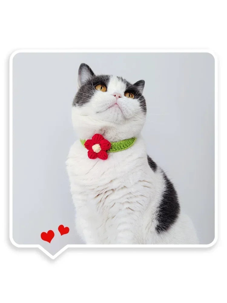 Kawaii Crochet Pet Collar, Adjustable Wool Necklace Flowers