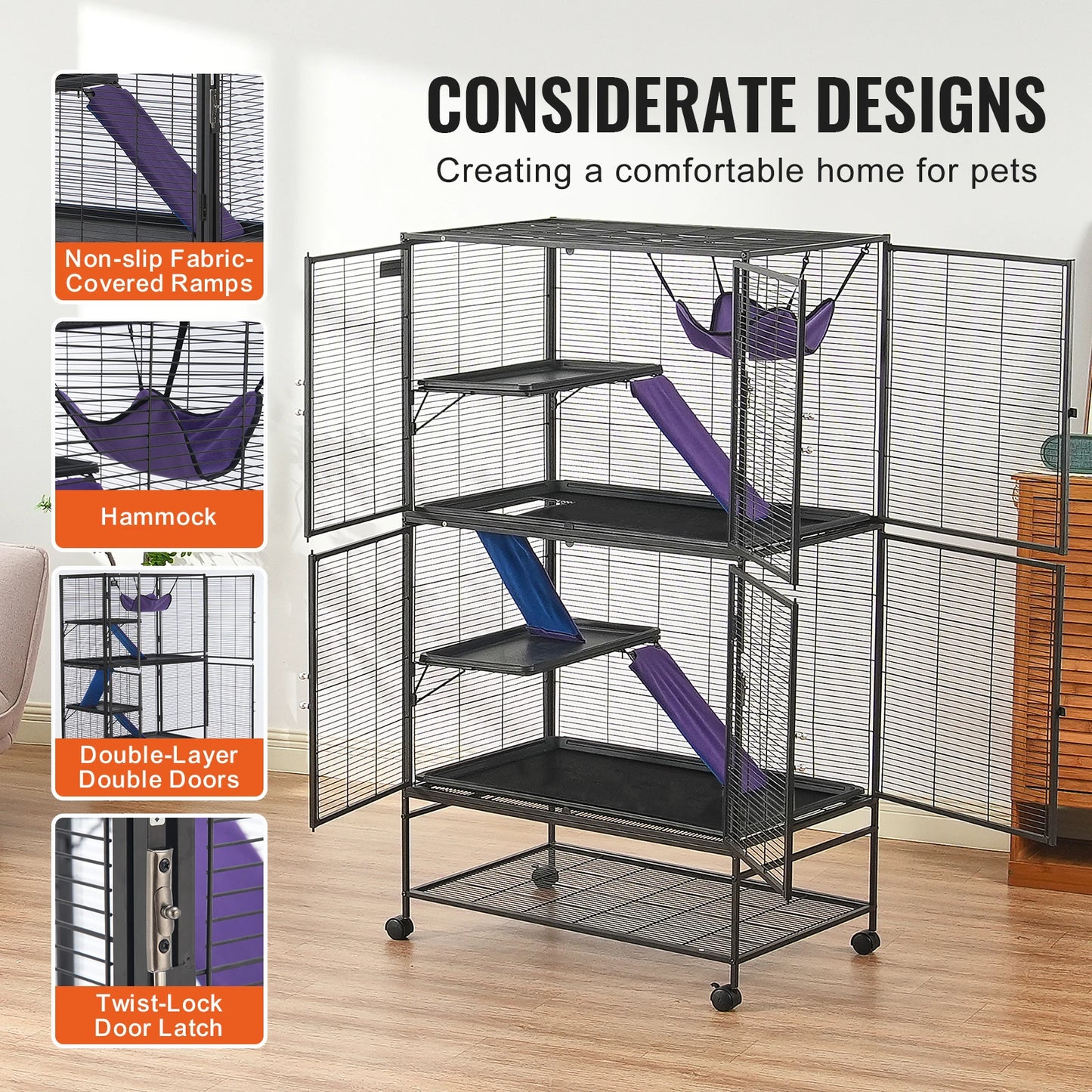 SucceBuy 64.6"Rolling Metal Cage For any Small Animal Cat, Chincilla, Ferret