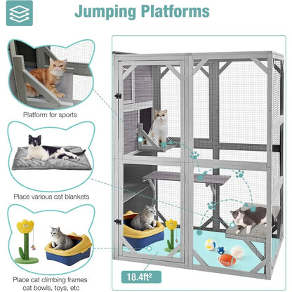 Cat Cage, Large Catio Outdoor Cat Enclosure with 4 Tiers, Weatherproof Roof