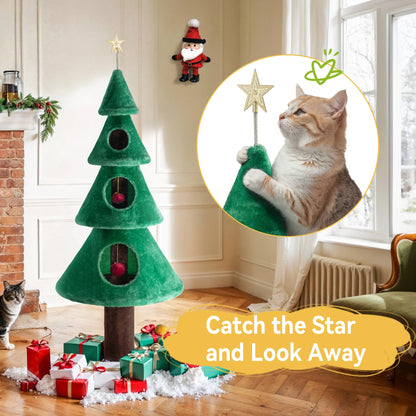 63 Inches Cat Christmas Tree/Cat Tower/ with Plush Ball/Cat Toys/Cozy Cat Condo for Indoor Cats/Wide Base/Green