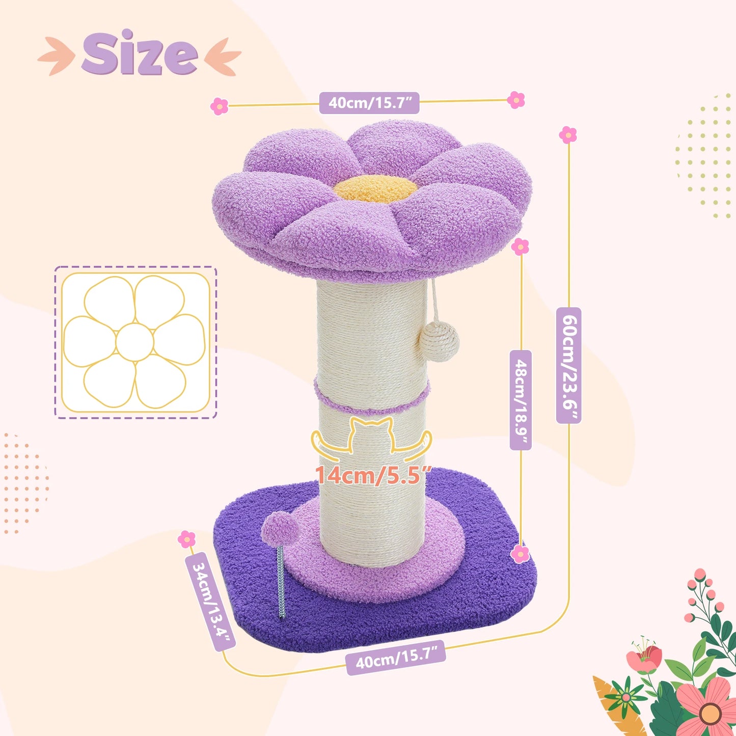 Flower Cat Scratching Post with Removable Flower Cat Bed, Spring Ball