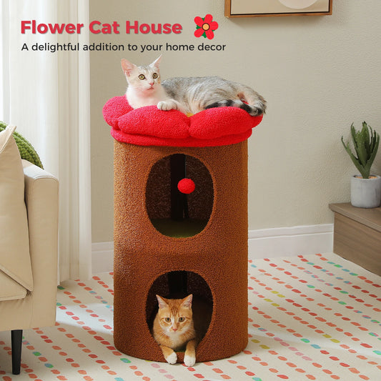 Double-Deck Cat House with Cozy Large Condo, Spacious Cat Bed with Luxury Flower Perch, Pompom Ball