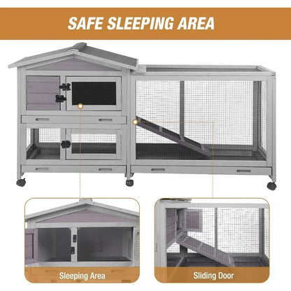 Indoor and Outdoor Rabbit Hutch with Casters Waterproof Roof, Pull Out Tray from Back and Front