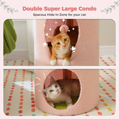 Double-Deck Cat House with Cozy Large Condo, Spacious Cat Bed with Luxury Flower Perch, Pompom Ball
