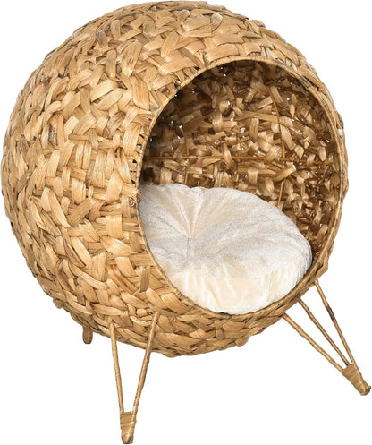 Elevated Weaved Cat Bed, Hand-Woven Braided With Cushion