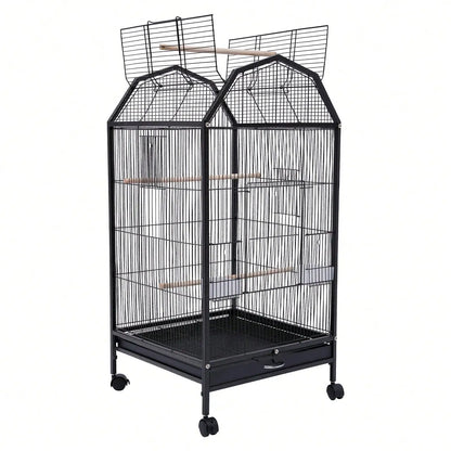 Parakeet 36.9 Inch Wrought Iron Cage Pet Flight Cages With 4 Universal Wheels 3 Standing Poles Rolg Stand Bird Playground