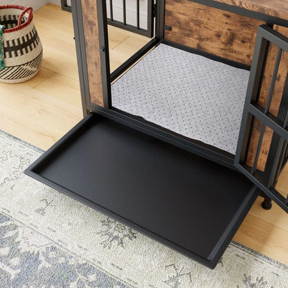 Wooden Dog Crate Table with 2 Sliding Doors and Thick Iron Door. Decorative Table With Modern Design.