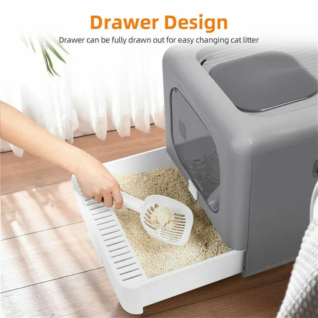 Cat Litter Box with Scoop and Tray Enclosed Foldable Top or Front Entry