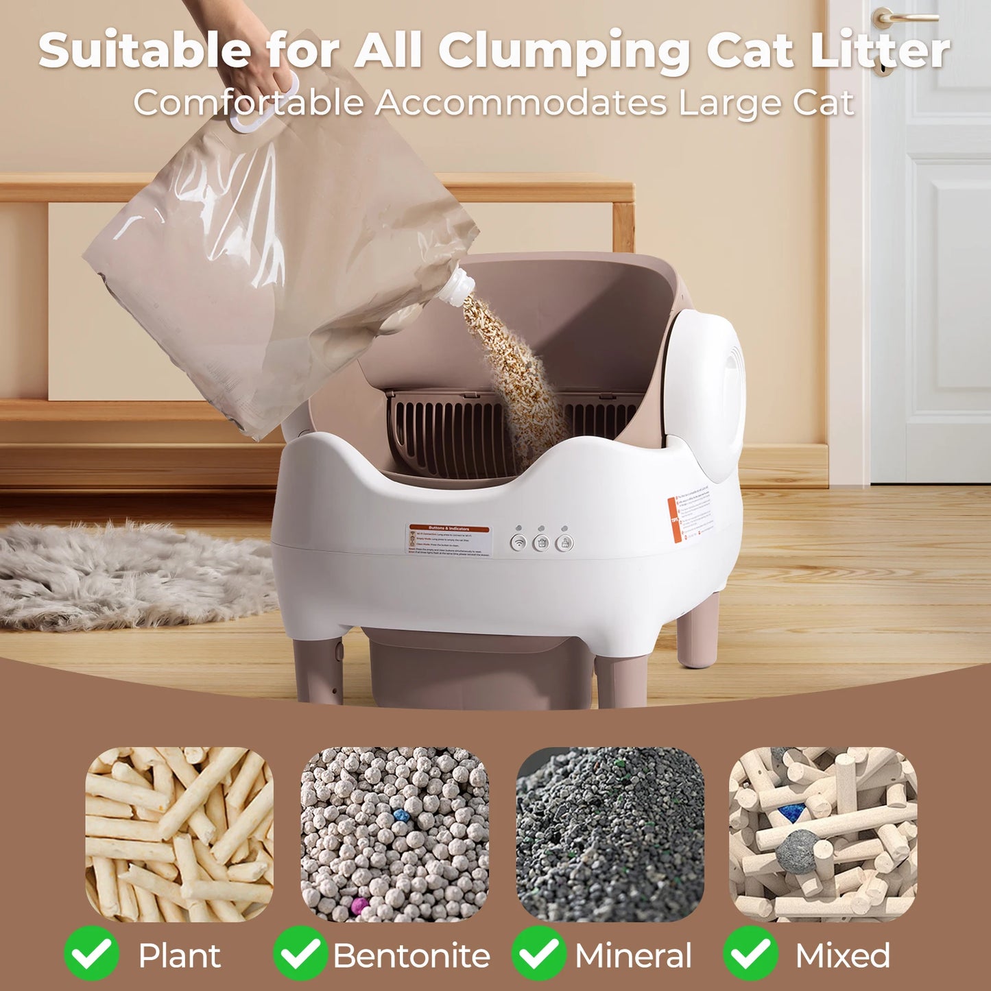 Self Cleaning Litter Box,  Large Waste Bin, Open-Top for Multi Cats