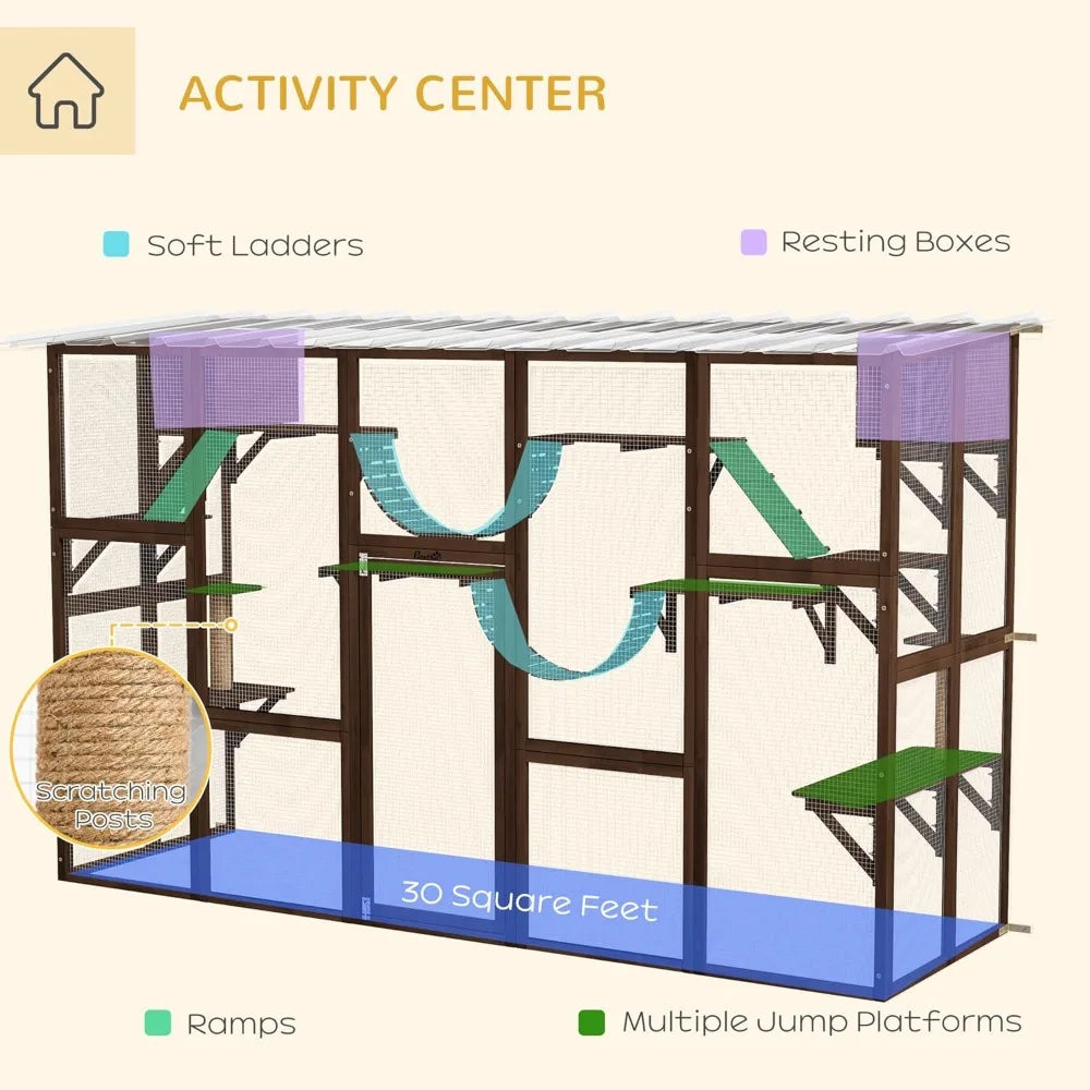 Catio Playground Cat Window Outside Enclosure, with Weather Protection Roof.