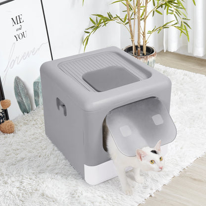 Cat Litter Box with Scoop and Tray Enclosed Foldable Top or Front Entry