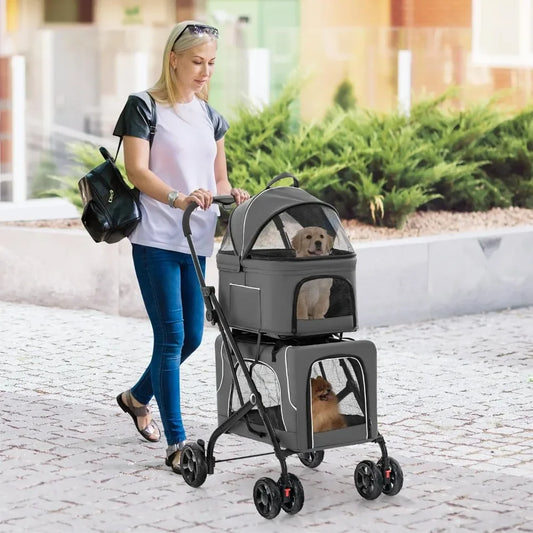 Double Dog Stroller, Removable Carrycot, Safety Belt, 4 Lockable Wheels