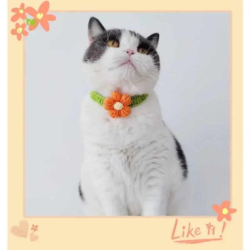 Kawaii Crochet Pet Collar, Adjustable Wool Necklace Flowers