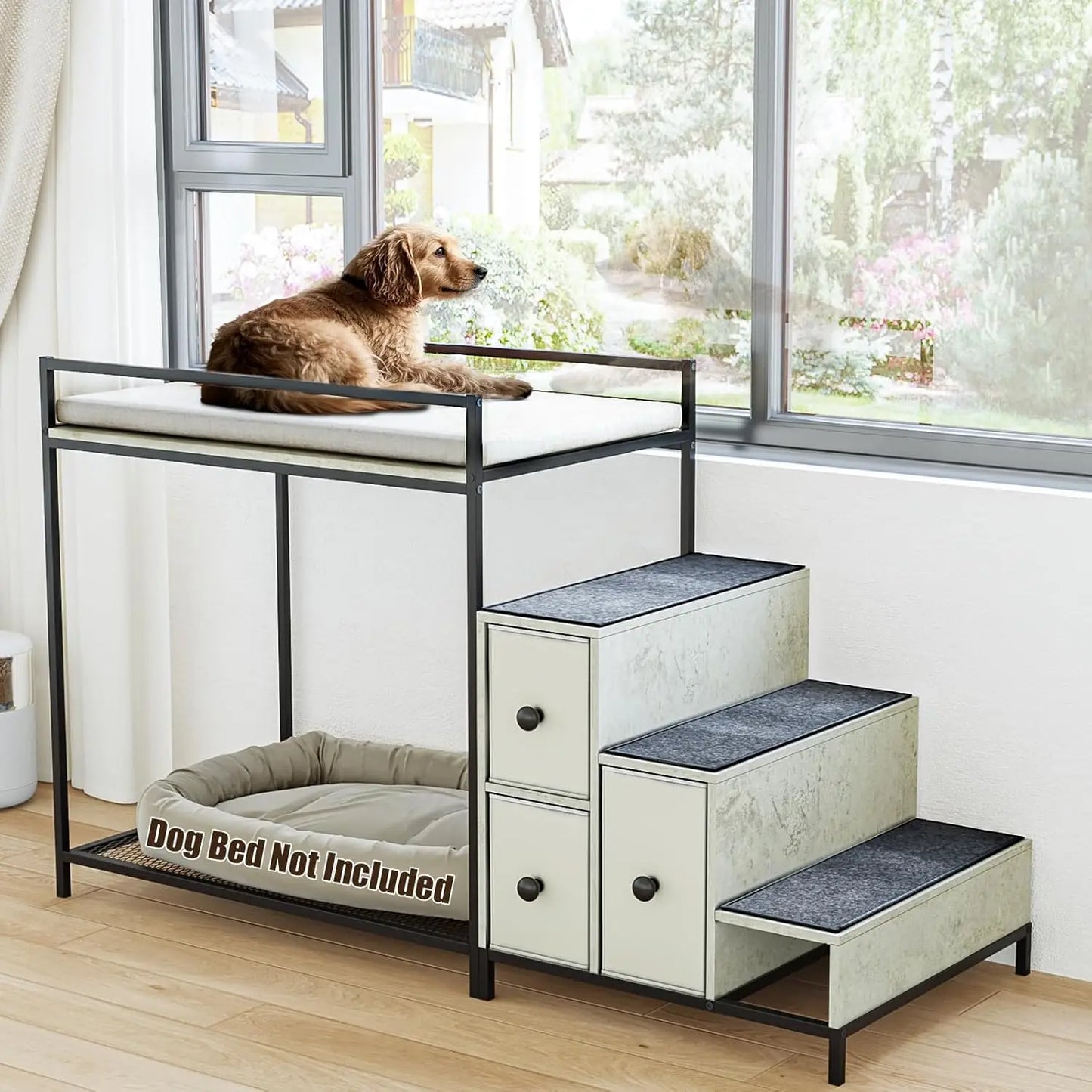 Pet Bunk Bed with Stairs and Storage, Dogs/Cats Window Perch, Bedside Lounge Elevated Pet Bed Multi-Level Platform with Foam