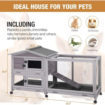 Indoor and Outdoor Rabbit Hutch with Casters Waterproof Roof, Pull Out Tray from Back and Front