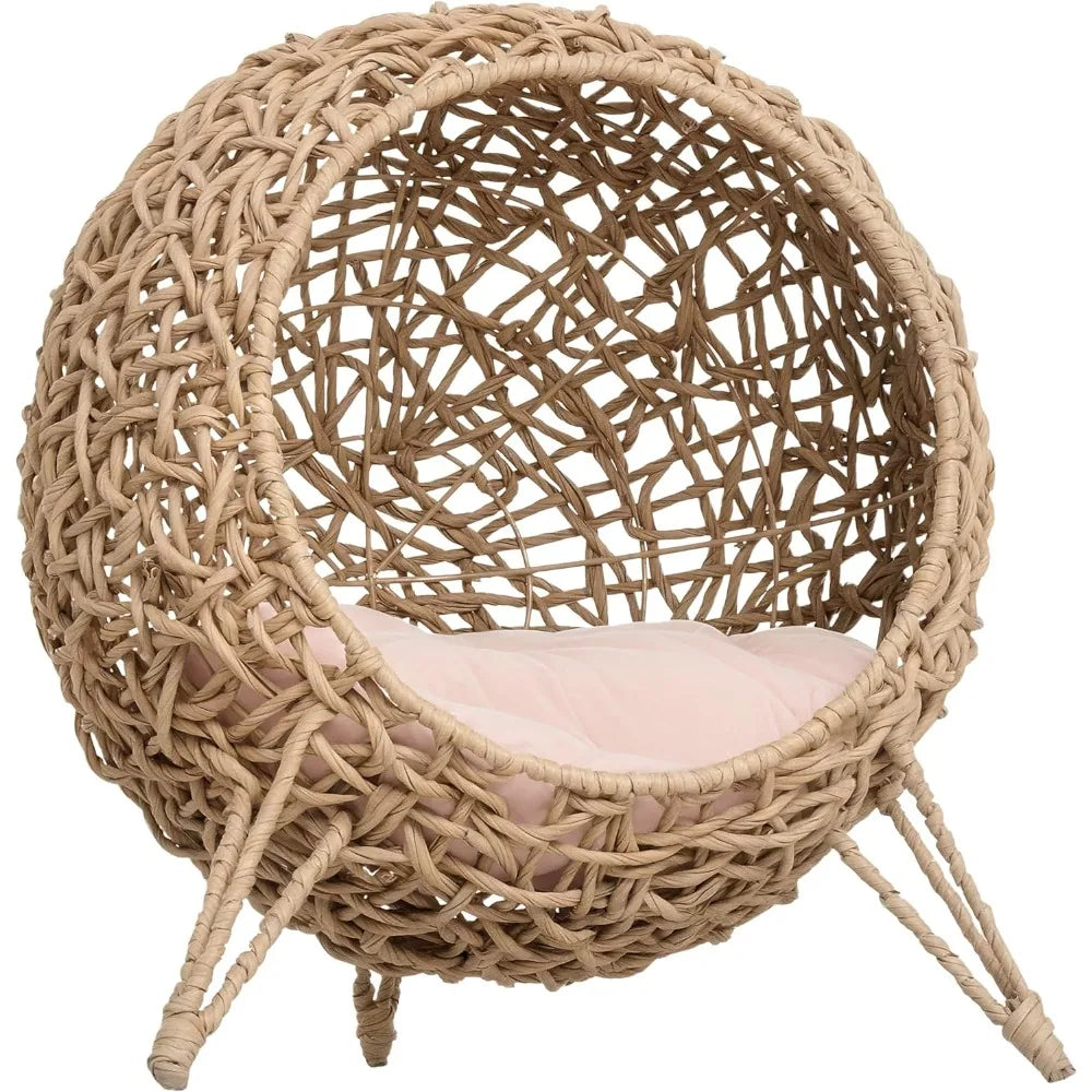 Elevated Weaved Cat Bed, Hand-Woven Braided With Cushion