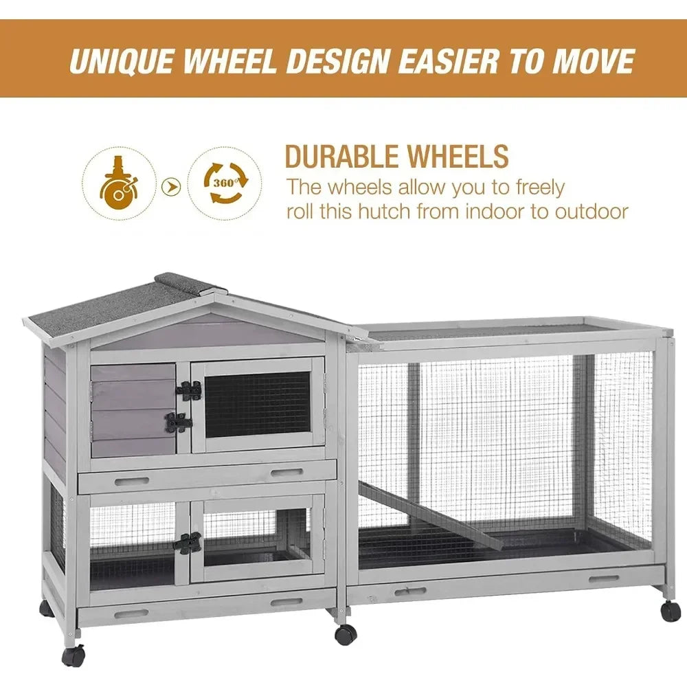 Indoor and Outdoor Rabbit Hutch with Casters Waterproof Roof, Pull Out Tray from Back and Front