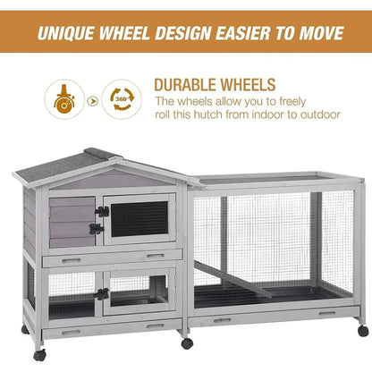Indoor and Outdoor Rabbit Hutch with Casters Waterproof Roof, Pull Out Tray from Back and Front