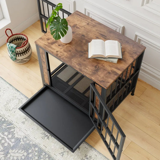 Wooden Dog Crate Table with 2 Sliding Doors and Thick Iron Door. Decorative Table With Modern Design.