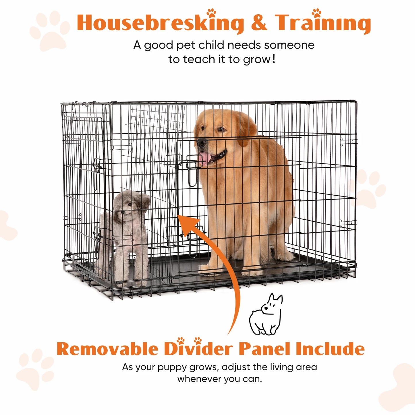 Double Door Folding Metal Dog Cage with Plastic Leak-Proof Pan