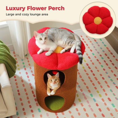Double-Deck Cat House with Cozy Large Condo, Spacious Cat Bed with Luxury Flower Perch, Pompom Ball