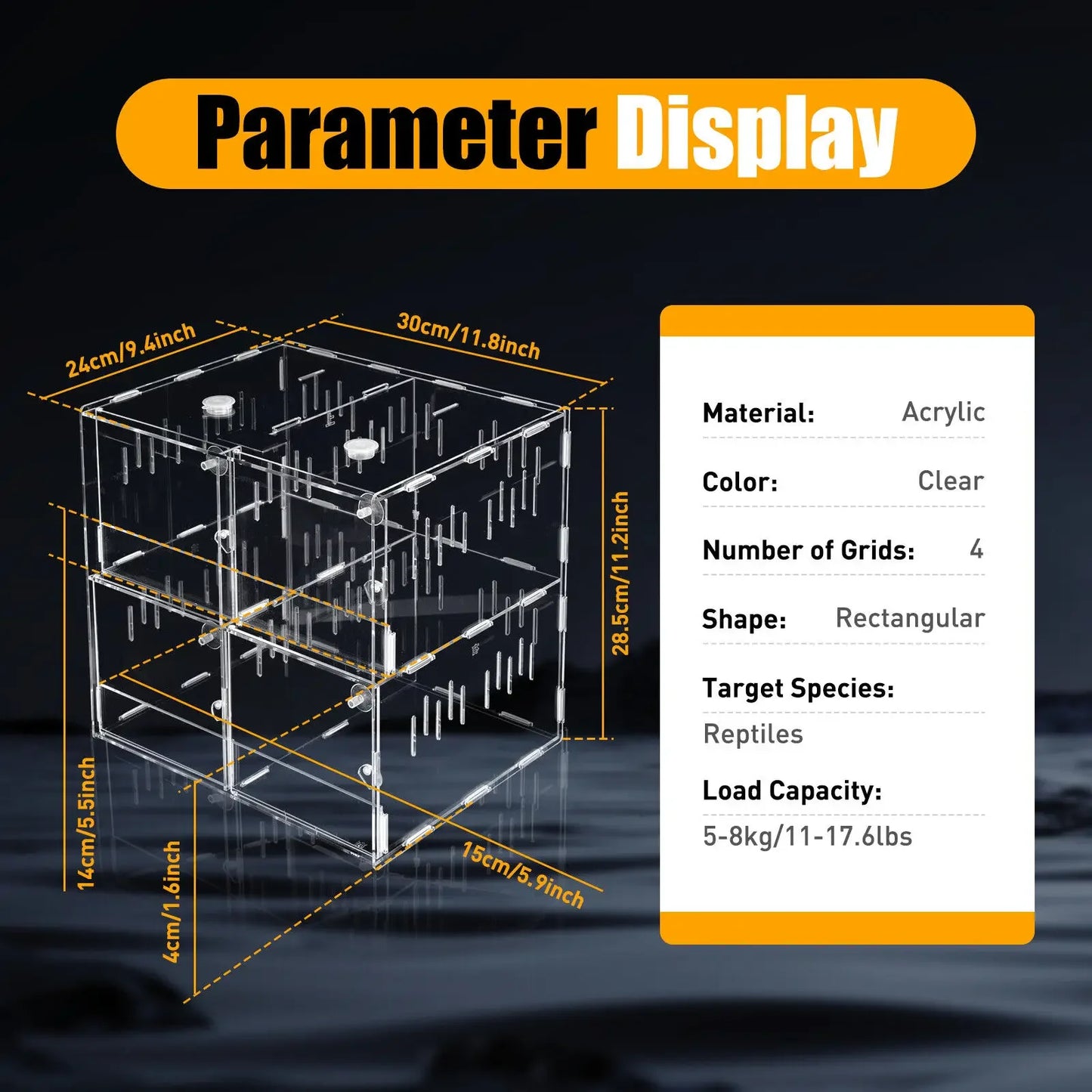 4 Grids Clear Acrylic Reptile Cage Breeding Box Terrarium Lizard Insect Climbing Spider Snake Tank