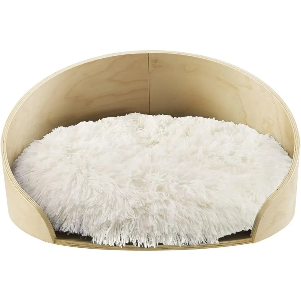 Sam's Pets Kuai Small Pet Bed in Light Brown- Bent Wood - Modern Design - Curved Shape - Soft Fur for Comfort - Easy Cleaning -