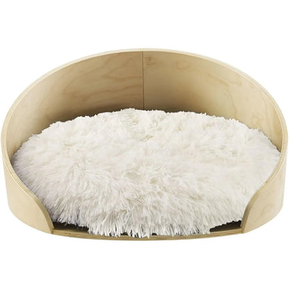 Sam's Pets Kuai Small Pet Bed in Light Brown- Bent Wood - Modern Design - Curved Shape - Soft Fur for Comfort - Easy Cleaning -
