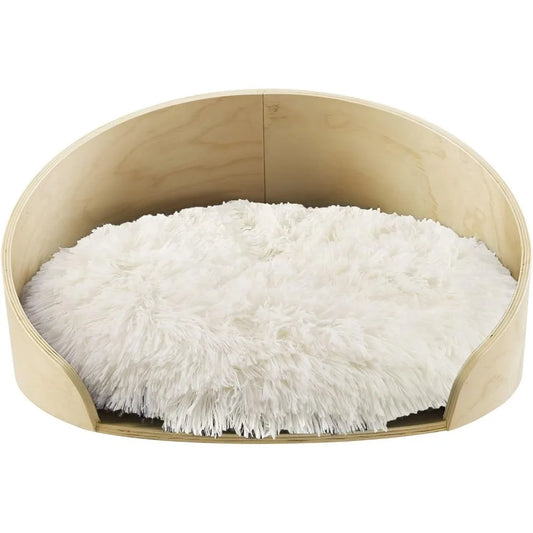 Sam's Pets Kuai Small Pet Bed in Light Brown- Bent Wood - Modern Design - Curved Shape - Soft Fur for Comfort - Easy Cleaning -
