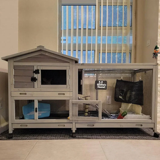 Indoor and Outdoor Rabbit Hutch with Casters Waterproof Roof, Pull Out Tray from Back and Front
