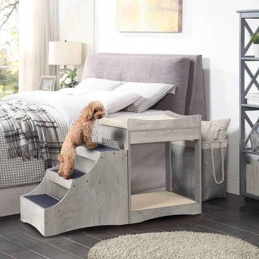 A Pet Bunk Bed with Removable Step for Dogs and Cats, MultiLevel Bed Window Perch Seat Platform with Cushion