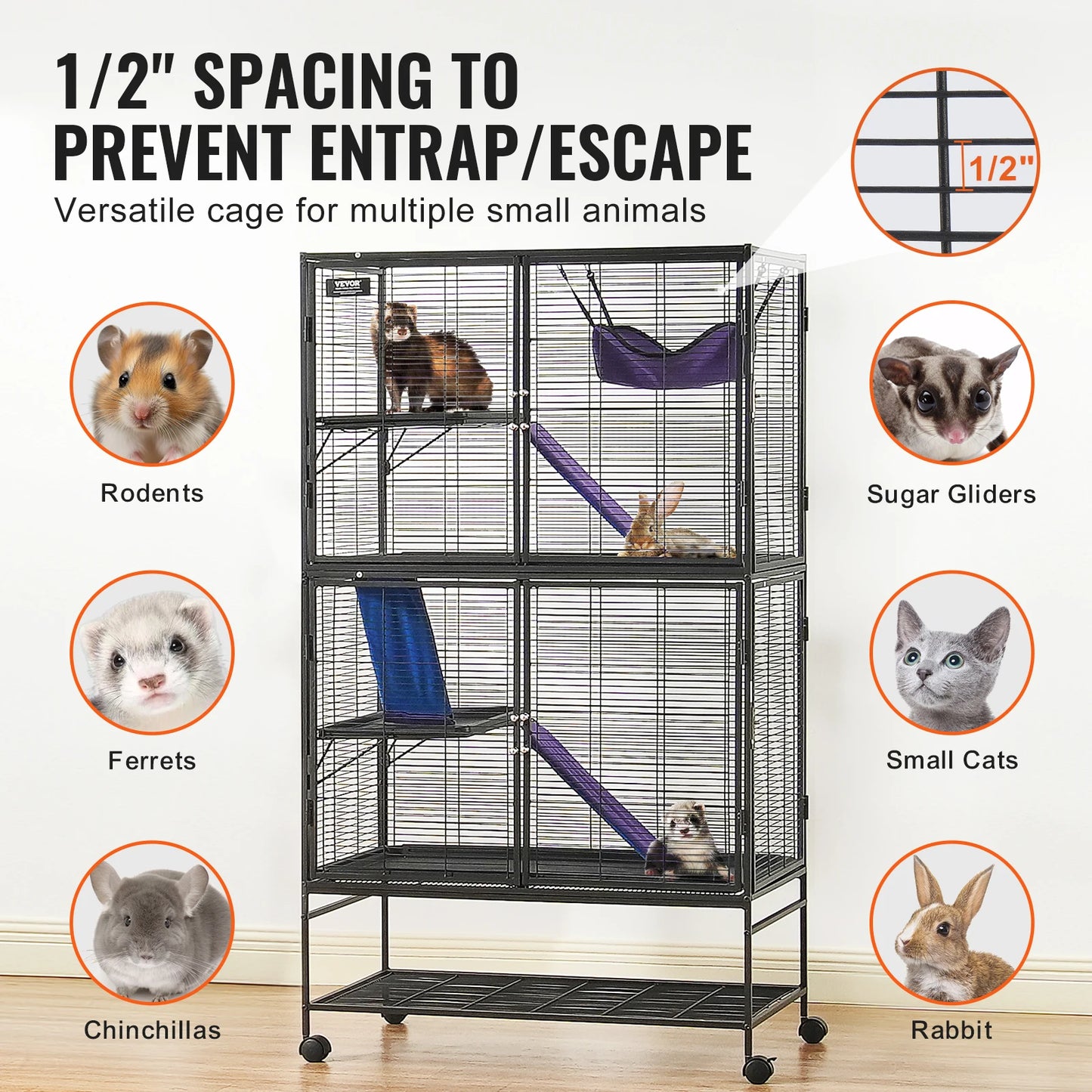 SucceBuy 64.6"Rolling Metal Cage For any Small Animal Cat, Chincilla, Ferret