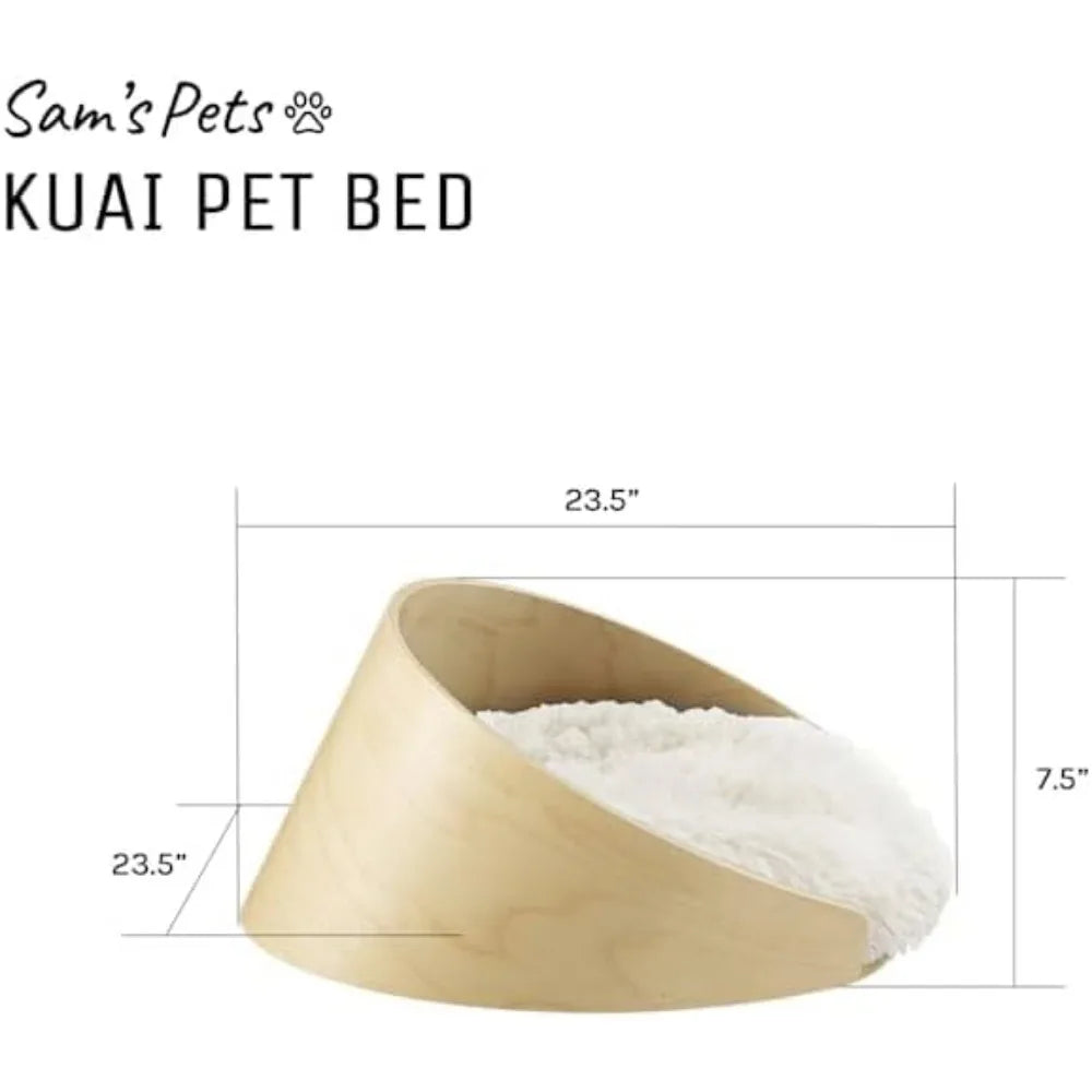 Sam's Pets Kuai Small Pet Bed in Light Brown- Bent Wood - Modern Design - Curved Shape - Soft Fur for Comfort - Easy Cleaning -