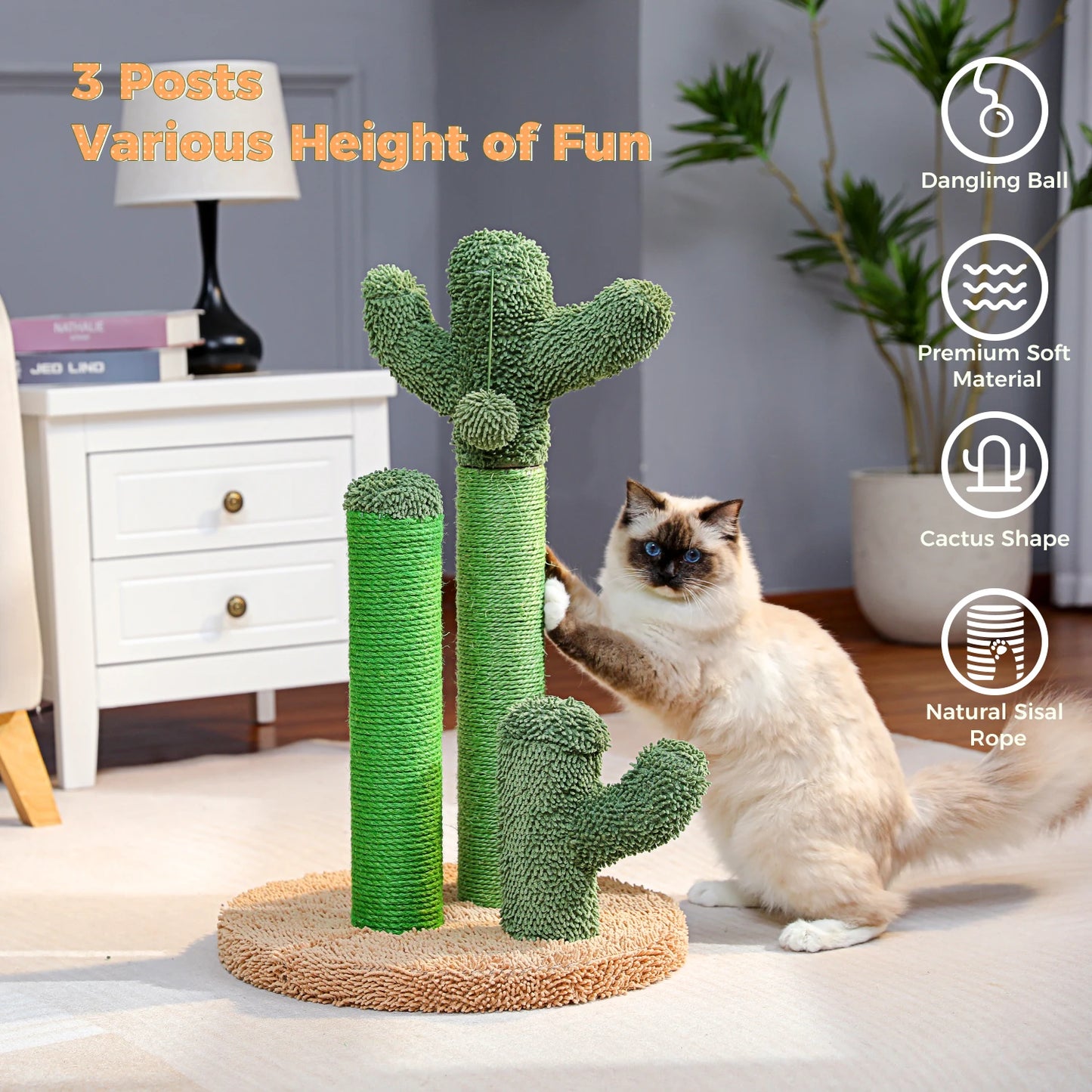 Cactus Cat Scratcher Post  Featuring 3 Scratching Poles and Interactive Dangling Ball
