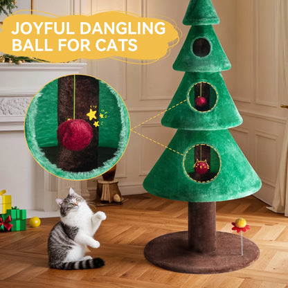 63 Inches Cat Christmas Tree/Cat Tower/ with Plush Ball/Cat Toys/Cozy Cat Condo for Indoor Cats/Wide Base/Green