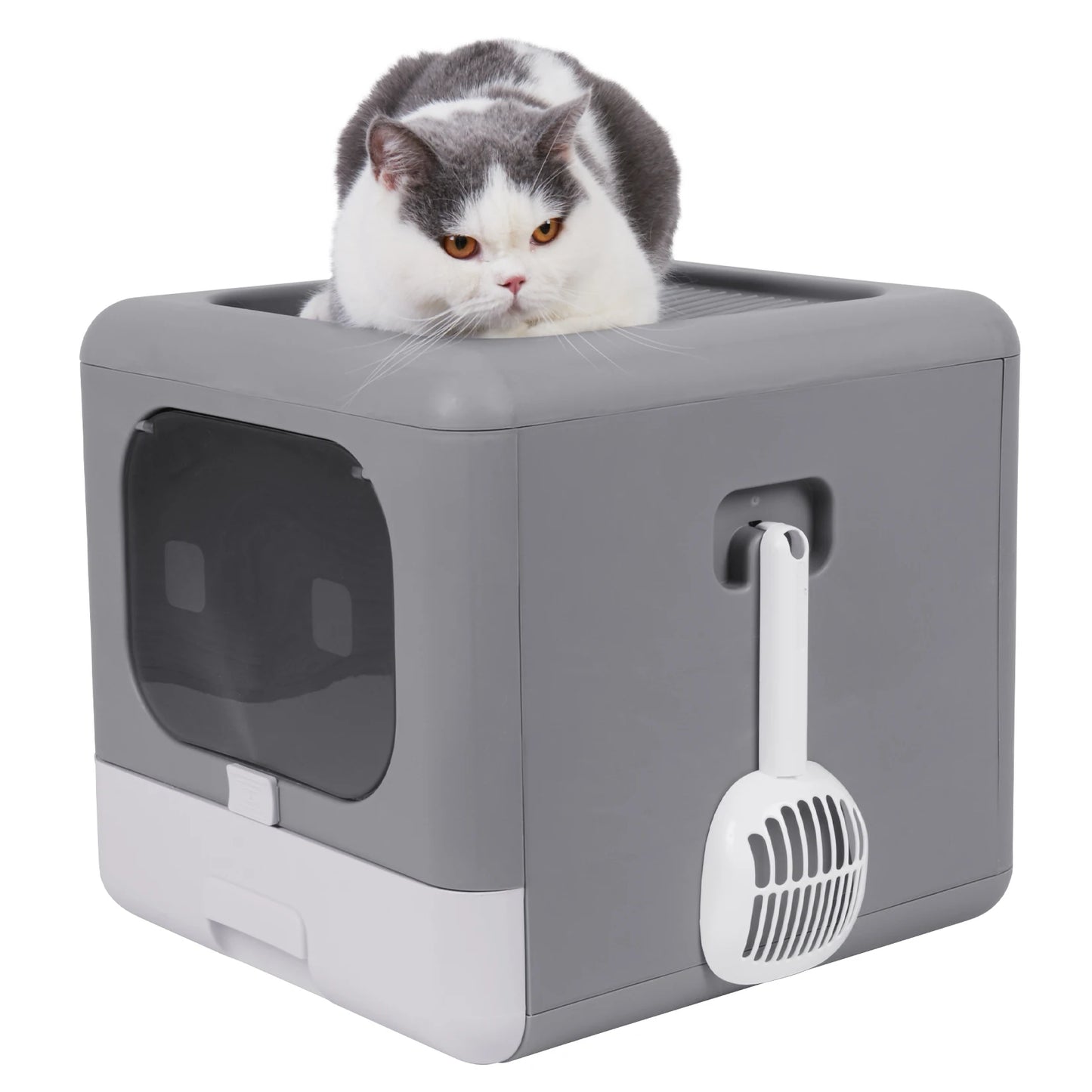 Cat Litter Box with Scoop and Tray Enclosed Foldable Top or Front Entry