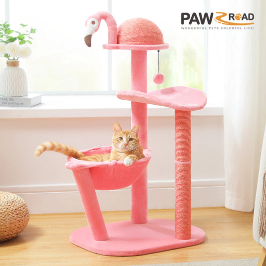 Flamingo Pink Cat Tower with Sisal Scratching Posts for Small Cats