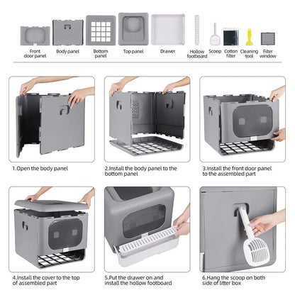 Cat Litter Box with Scoop and Tray Enclosed Foldable Top or Front Entry