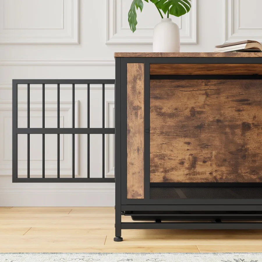 Wooden Dog Crate Table with 2 Sliding Doors and Thick Iron Door. Decorative Table With Modern Design.