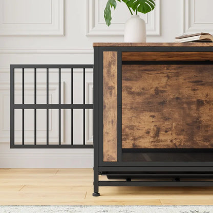 Wooden Dog Crate Table with 2 Sliding Doors and Thick Iron Door. Decorative Table With Modern Design.
