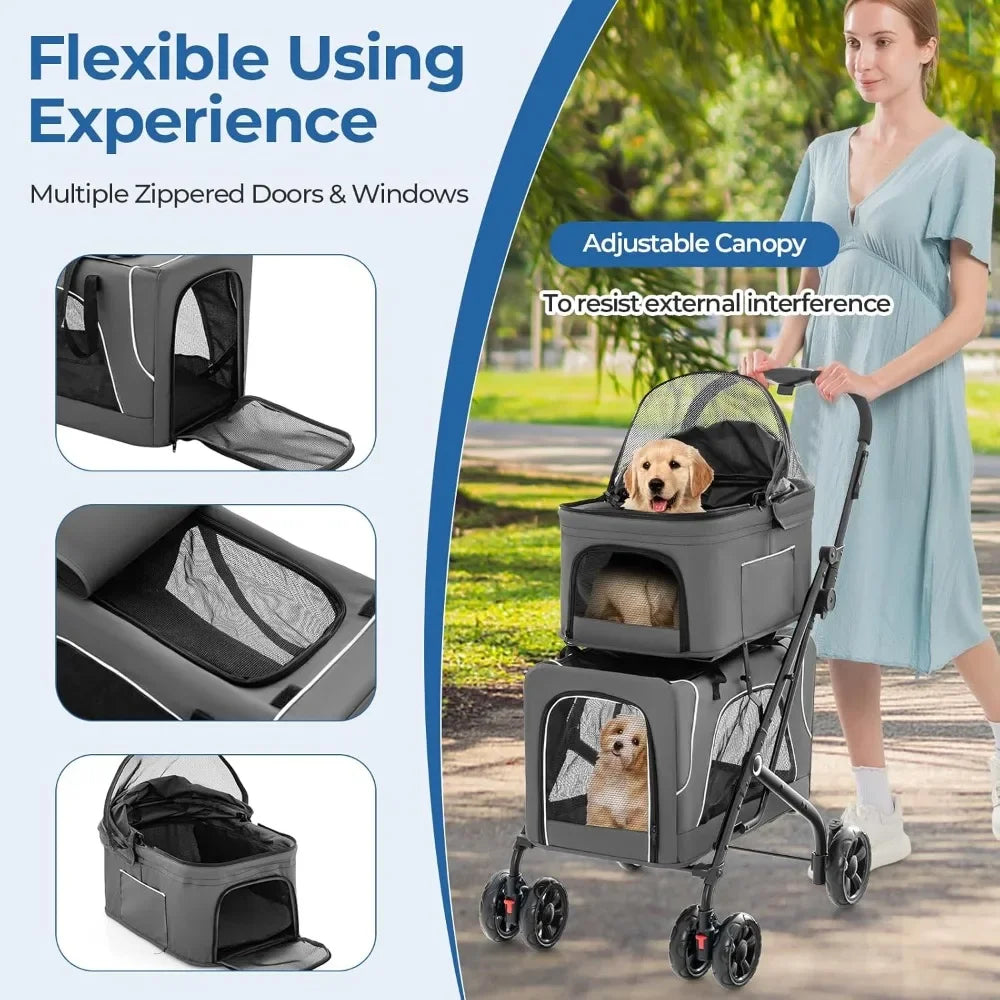 Double Dog Stroller, Removable Carrycot, Safety Belt, 4 Lockable Wheels