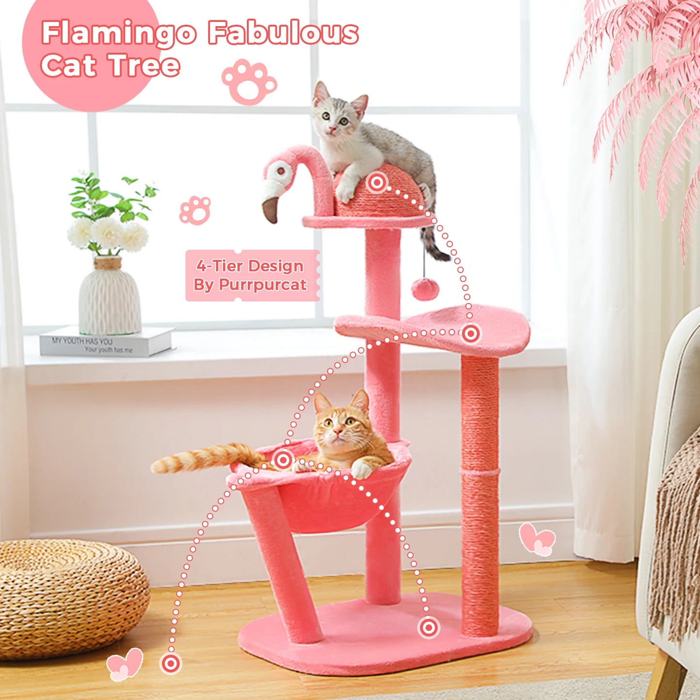 Flamingo Pink Cat Tower with Sisal Scratching Posts for Small Cats