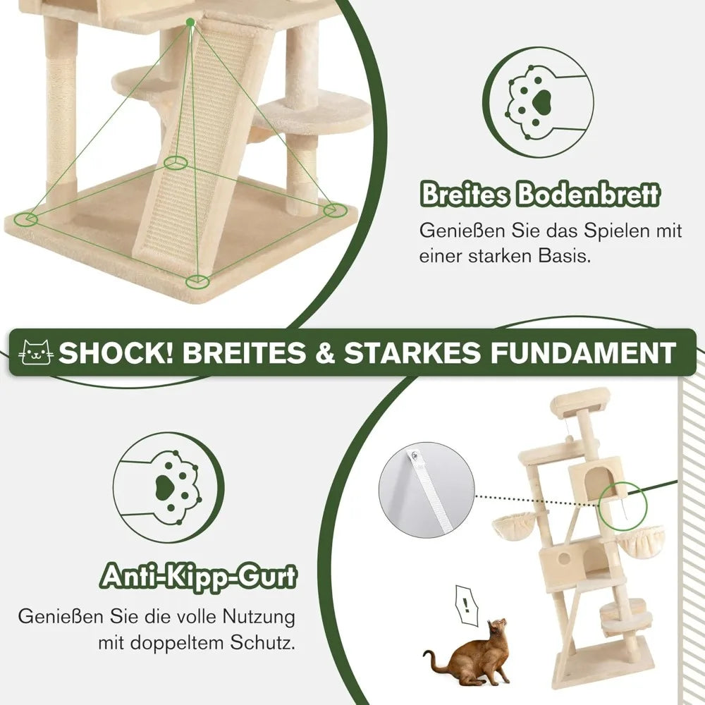 66 Inch Multi-Level Large Cat Tree Tower Cozy Plush Condo with Sisal Scratching Posts