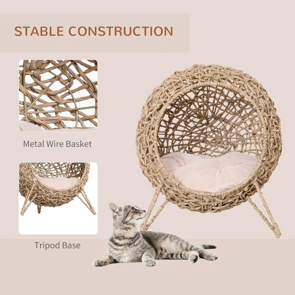 Elevated Weaved Cat Bed, Hand-Woven Braided With Cushion