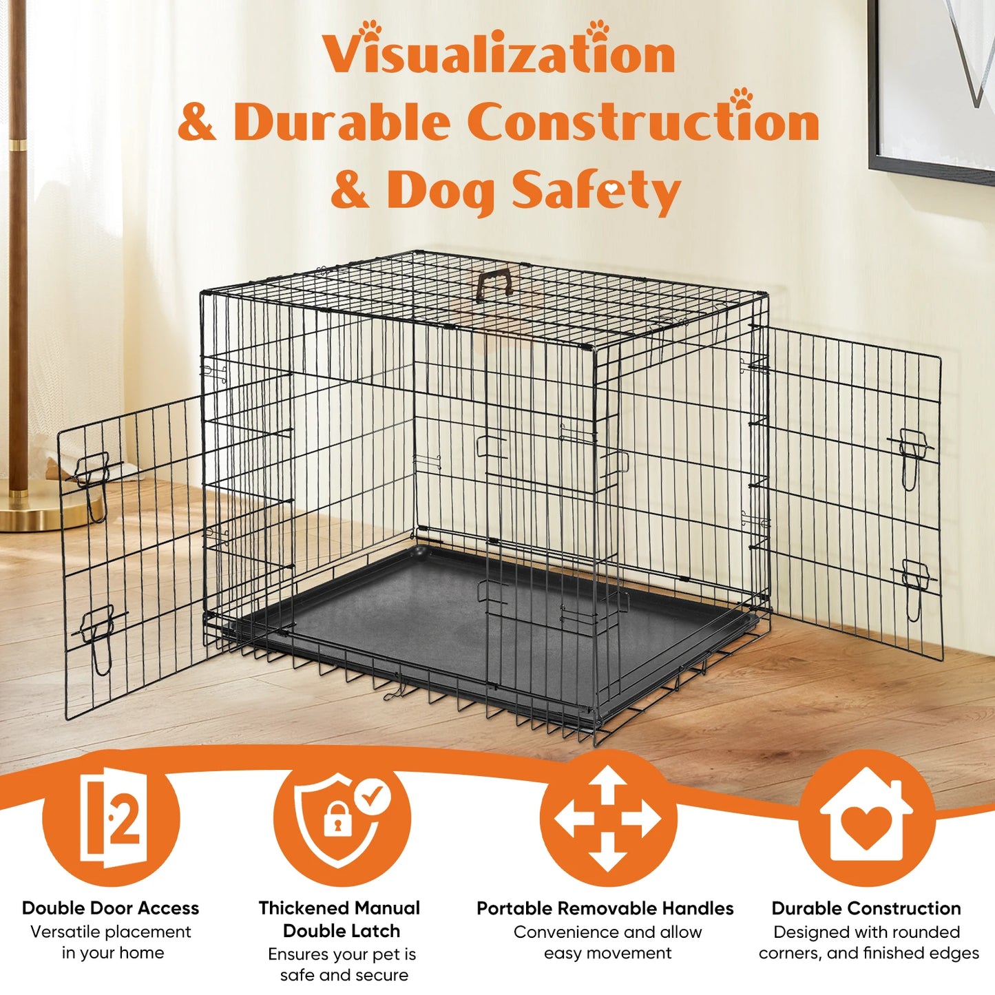 Double Door Folding Metal Dog Cage with Plastic Leak-Proof Pan