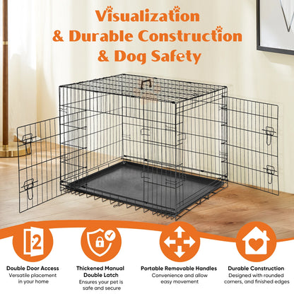 Double Door Folding Metal Dog Cage with Plastic Leak-Proof Pan